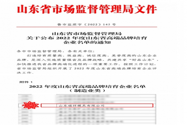 喜报-瑞祥模具荣获“2022年度山东省高端品牌培育企业”